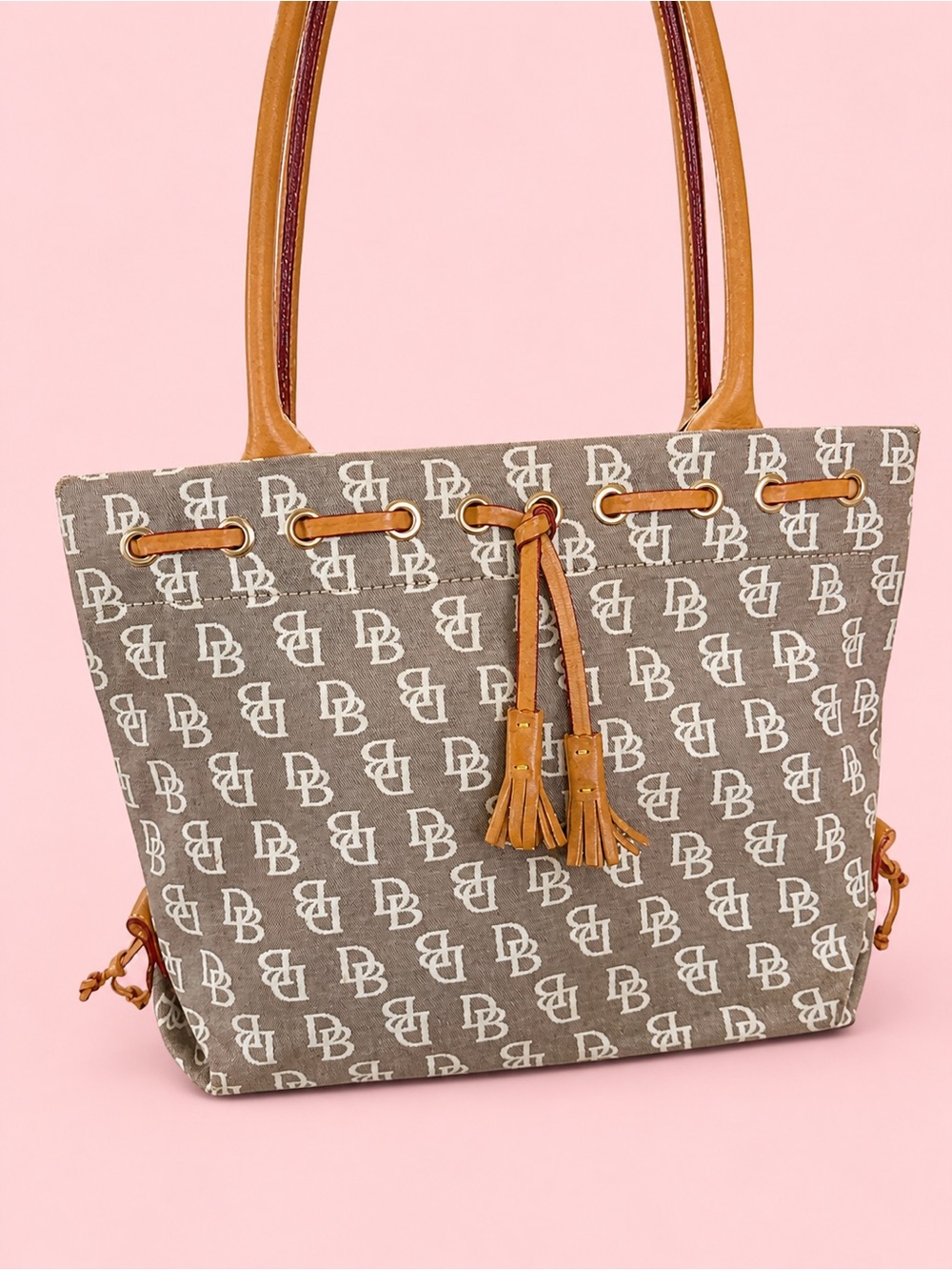Dooney & Bourke Taupe Logo Canvas Tote with Tan Trim Y2K